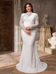 Aureia 大码优雅奢华白色串珠刺绣拼接立领长袖修身鱼尾拖尾婚纱，适合新娘活动 - 白色 - 查看 8