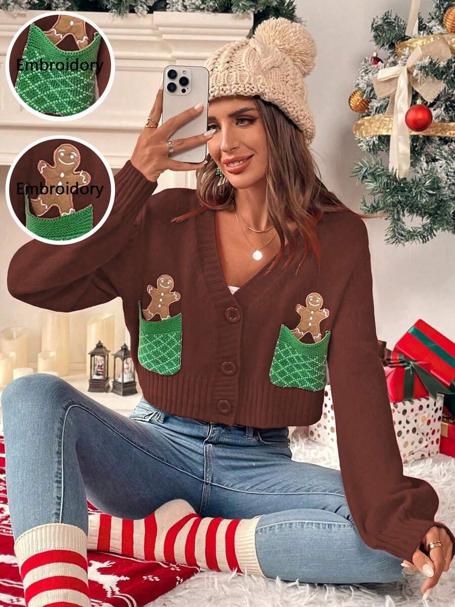 SHEIN LUNE 姜饼人印花 V 领纽扣前长袖开衫,带口袋,适合圣诞节和新年服装 - 彩色 - 查看 1