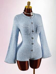 Amplova Women's Elegant Bell Sleeve Knit Blended Jumpsuit, Suitable For Commuting, Party, And Dates, Autumn/Winter Tweed Baby Blue Outfit Women