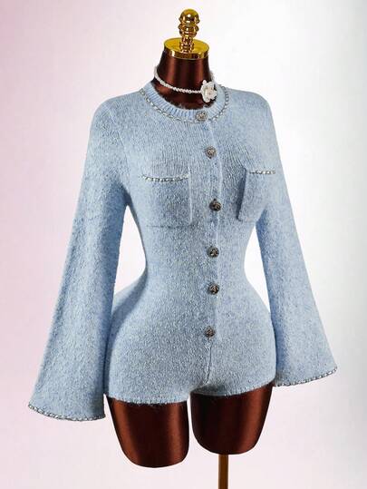 Amplova Women's Elegant Bell Sleeve Knit Blended Jumpsuit, Suitable For Commuting, Party, And Dates, Autumn/Winter Tweed Baby Blue Outfit Women