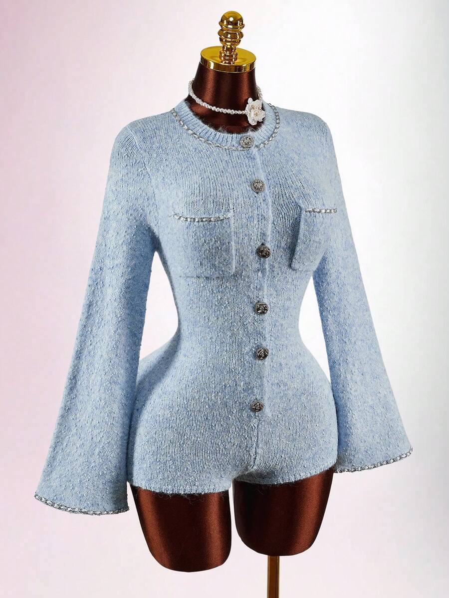 Amplova Women's Elegant Bell Sleeve Knit Blended Jumpsuit, Suitable For Commuting, Party, And Dates, Autumn/Winter Tweed Baby Blue Outfit Women