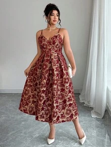 Elenzga 大码女士提花优雅吊带连衣裙，适合婚礼宾客、秋冬季穿着 - 酒紅色 - 查看 8
