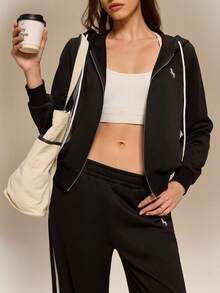 Hanevo 女士时尚休闲撞色刺绣连帽抽绳拉链宽松长袖卫衣搭配撞色弹力腰宽松直筒运动裤套装，适合日常、运动和休闲穿着。连帽裤套装两件套，舒适家居服套装，女士家居服套装 - 黑色 - 查看 4