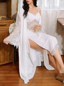 Côtesoire French Elegant White Lace Robe Set,Spaghetti Strap Maxi Dress Sleepwear Pajama, Open Slit Nightgown,Autumn Winter 2 Piece Sleep Set For Women - White - View 4