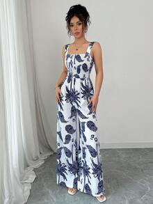 SHEIN PETITE Women's Summer Vacation Blue & White Print Camisole Jumpsuit - Blue and White - View 5