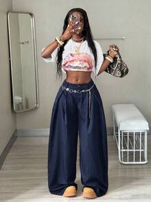 Coolane Women's Fall/Winter Cool Girl Vintage Casual Streetwear Going Out Oversized Brown Curved Hem Pants Pants Striped Blue Cargo Pants - Navy Blue - View 6