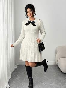 Elenzga Modisches A-Linien-Kleid mit Schleife an der Taille in Große Größen, burgunderrotes Strickpulloverkleid