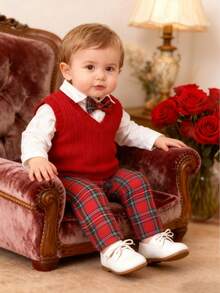 Souflis Souflis 男婴三件套V领毛衣背心，搭配长袖衬衫和红色格子裤，优雅套装，适合圣诞节、派对和其他秋冬季场合。男婴秋季套装，休闲绅士风套装，婴儿男童套装，男婴服装，男童套装。