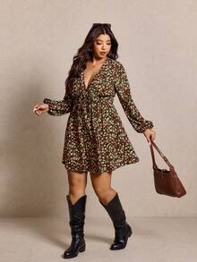Elaquor Plus Size Women's Ditsy Floral Deep V-Neck Tie Front Lantern Sleeve Dress - Multicolor - View 7