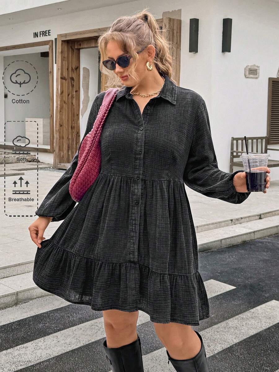 Lounesse Plus Size Women Open Front Long Sleeve Casual Dress, Fashionable Romantic - Brown - View 1