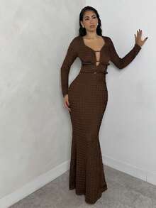 Glamine Women's Coffee Brown Knitted Jacquard Deep V-Neck Hollow Out Frill Trim Long Sleeve Bodycon Maxi Dress,Elegant Autumn Night Out Party Gathering - Khaki - View 1