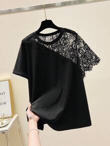 EMERY ROSE Camiseta casual de mujer de talla grande con parches de encaje, para uso diario y ocio - Negro - Ver 1