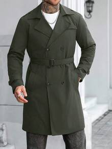 Manfinity Mode Men's Street Hot INS Matching Black Plain Anti-Peak Fabric Double-Breasted Lapel Oversized Trench Coat Plain Casual Trench Coat Boyfriend Husband Gift Anniversary Gift Men Outerwear Army Green Trench Coat Green Trench Coat Men Mens Olive Green Coat Green Coat Men