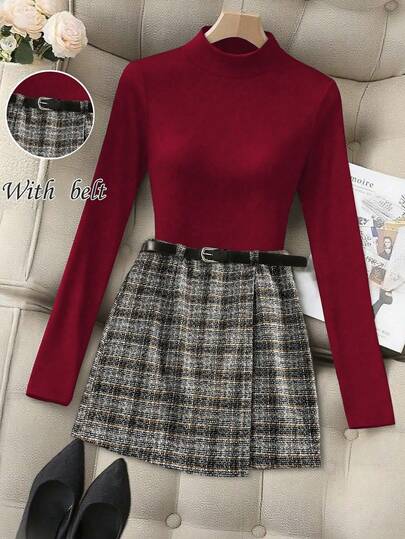 Franclia 优雅女士黑色针织高领连体衣搭配复古法式格纹修身短裙，配黑色腰带，两件套，秋季