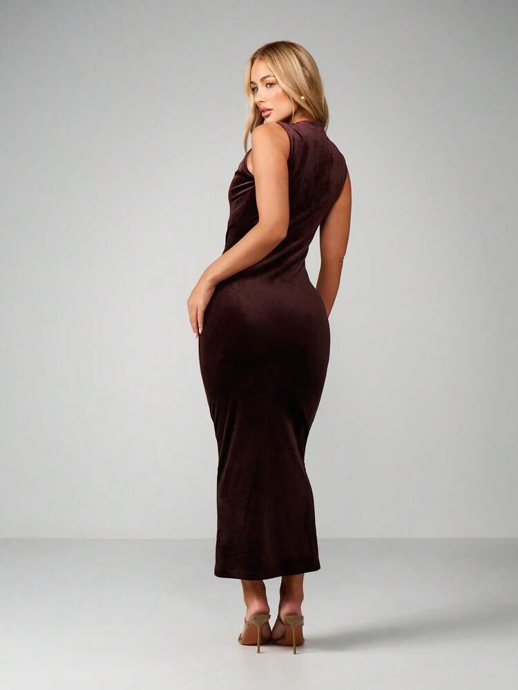 MISSGUIDED Luxurious Knot Neck Velvet Midaxi Dress Elegant Sleeveless Bodycon Evening Party Formal Occasion Wear