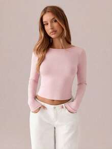 SHEIN SXY 黑色上衣；女士性感撞色系带露背修身T恤，女士圆领长袖纯黑色修身蝴蝶结上衣，适合约会、年轻性感、日常外出、秋季、日常约会旅行穿着；日常外出办公穿着粉色蝴蝶结上衣露背上衣粉白露背衬衫露背上衣 - 粉色 - 查看 3