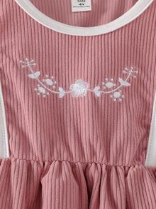 Vintaside Kids Conjunto de blusa de manga larga con cuello y bordado floral vintage y vestido peto bordado en color albaricoque para niñas, esquema de color otoñal, adecuado para uso casual diario - Rosa - Ver 7