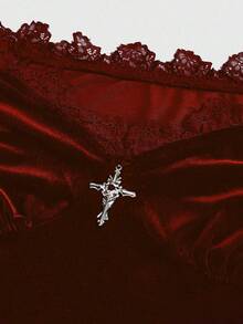 ROMWE Spring/Summer Red Gothic Style Off Shoulder Lace Flare Sleeve Velvet Fitted Blouse For Women - Burgundy - View 3