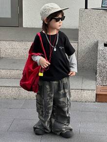 DAZY Young Boy Letter Print 2 In 1 Striped Casual T-Shirt - Black - View 3