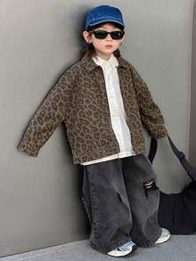 DAZY 男童豹纹落肩拉链牛仔外套，秋季款