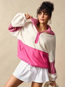 VARSIVA Pink Color-Blocked Striped Drop-Shoulder Zip-Up Half-Open Fleece Jacket With Drawstring Hem For Windproof Winter Wear. - Multicolor - View 7