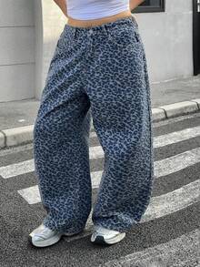 Dazy Plus Plus Size Women Leopard Print Loose Straight Leg Jeans With Elastic Waist, Street Style, Suitable For All Seasons - Blue - View 8