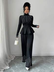 Elenzga Women's Solid Color Faux Pearl Decor Turtleneck Long Sleeve Ruffle Hem T-Shirt And Pants Elegant 2-Piece Set - Black - View 7