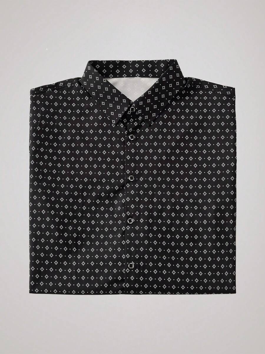 New Men's Fashion Casual Dot & Diamond Plaid Print Long Sleeve Shirt, Fall Old Money Men's Dress Shirt Spring To Summer