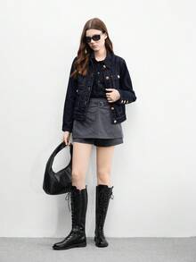 CUCCOO BIZCHIC 女式圆头系带侧拉链及膝靴，黑色，百搭休闲通勤平底高筒靴，靴子