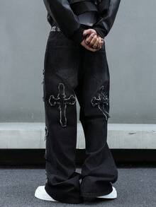 GALLERY FADE Jeans en denim gris foncé style casual de rue avec patch brodé pour hommes - Gris foncé - Voir 2