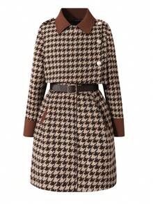 1pc Tween Girl Plaid Jacket With Waist Cinching, 2 In 1 Design, Suitable For Autumn/Winter - Coffee Brown - View 12