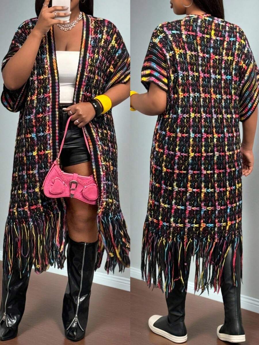 Slaydiva Áo khoác cardigan dệt kim dáng rộng tay ngắn kẻ sọc cánh dơi cỡ lớn cho nữ