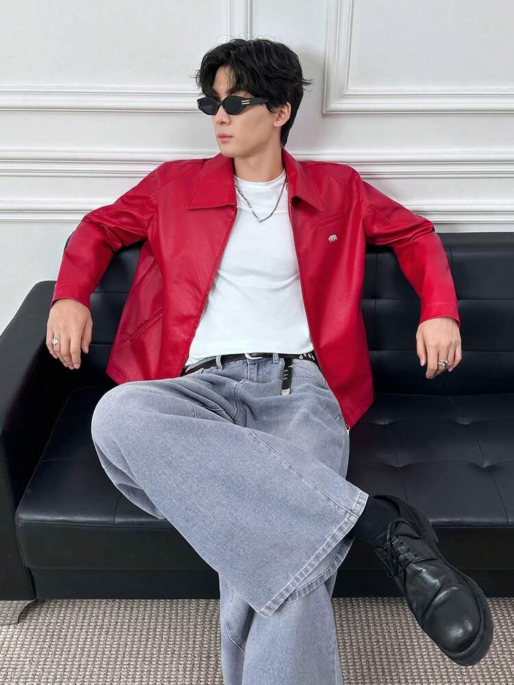 ESTAVOR Chaqueta de cuero sintético con cremallera y estampado animal de manga larga para hombre - Rojo - Añade 1