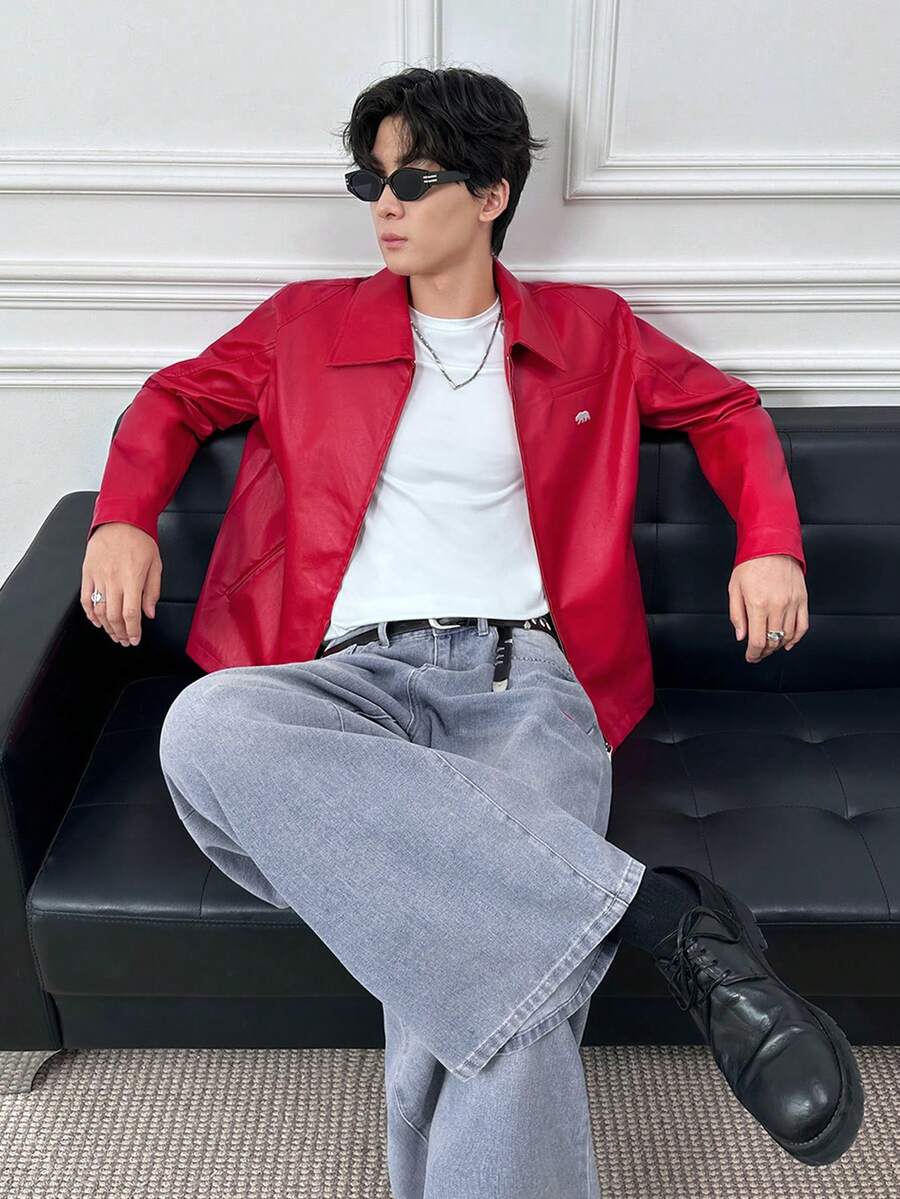 Manfinity BRENVOR 男士动物纹长袖拉链PU皮夹克 - 紅色 - 查看 1