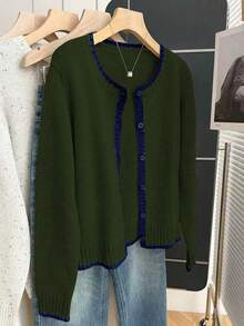 Franclia Cardigan Rajut Lengan Panjang Leher Bulat Longgar Gaya Retro Prancis dengan Hiasan Kontras untuk Wanita, Musim Gugur/Dingin - Hijau Tentara - View 3