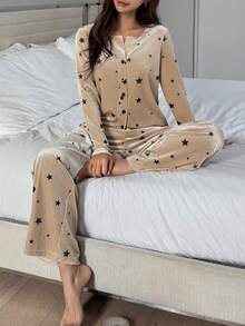 DAZY 2 pezzi Set pigiama donna con stampa a stelle in velluto, manica lunga e pantaloni, autunno/inverno - Cachi - Visualizzare 11