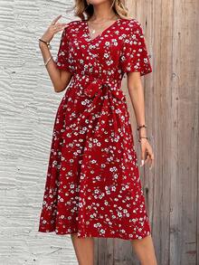 EMERY ROSE 女士 V 领短袖花卉印花休闲连衣裙情人节连衣裙红色连衣裙 - 紅色 - 查看 3
