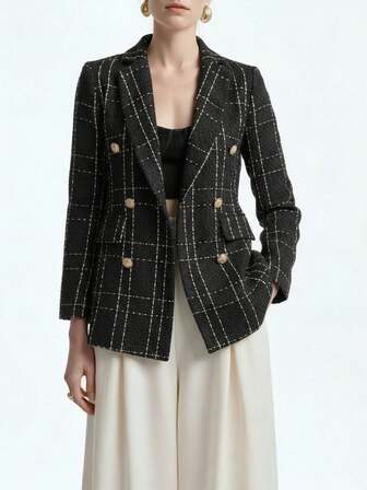 Aalyst Plaid Double Breasted Tweed Blazer Fall Cloth For Women