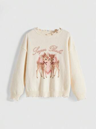 Kawaii Cute Girl Y2K Deer Heart Letter Pattern Plus Size Sweater, Asymmetrical Distressed Loose Version Casual Women Sweater, Suitable For School, Gathering, Casual, Sweet Christmas Sweater