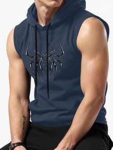 GymBeat 男士蜘蛛印花抽绳连帽运动背心 - 深灰色 - 查看 3