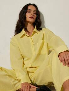Aveloria Modichic Ensemble 2 pièces pour femme : chemise à manches longues ample et style minimaliste, coupe décontractée, col à revers, style à la mode. - Jaune citron - Voir 5