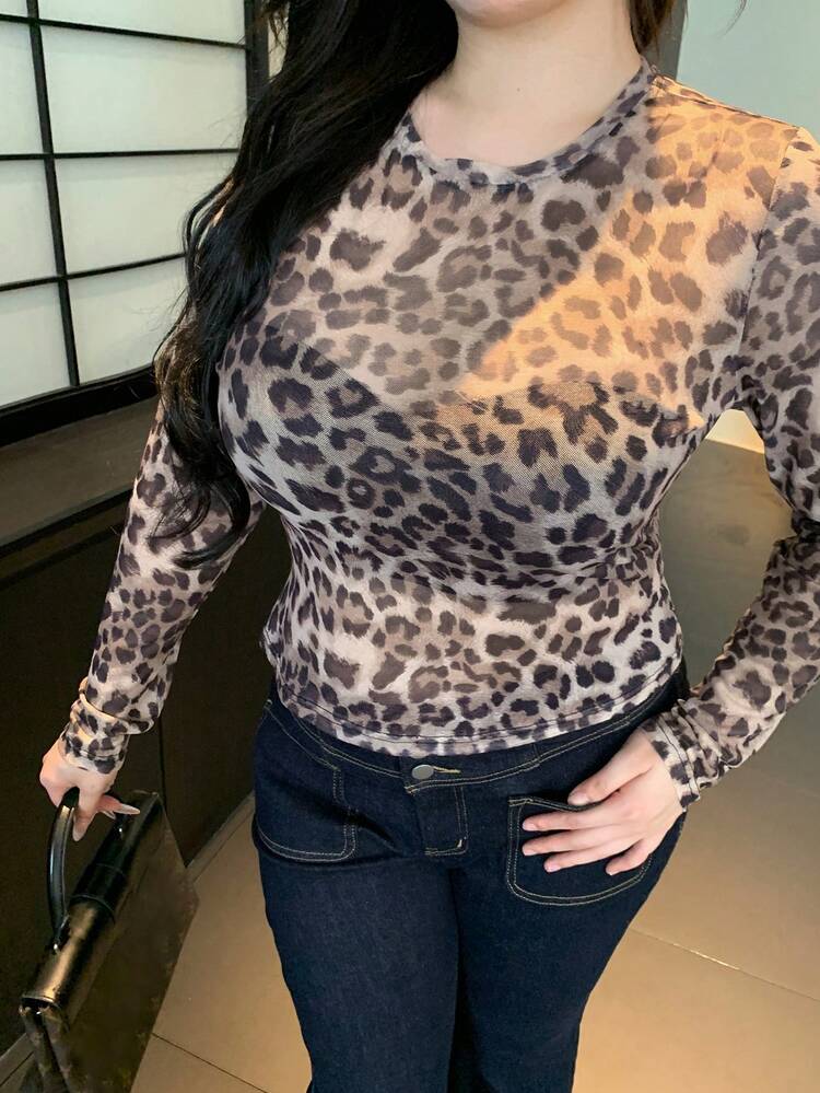 Dazy Plus Top court à manches longues élastique imprimé léopard grande taille, sexy, pour sortir au printemps/été/automne pour femmes