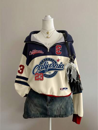 SHEIN ChillGRL Teen Girls Zip-Up Colorblock Letter Print Casual Sweatshirt, Comfortable Autumn Hoodie