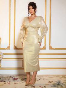 Allurite Plus Size Women Glamorous Party V-Neck Applique Floral Sparkly Fabric Fitted Dress - Gold - View 3