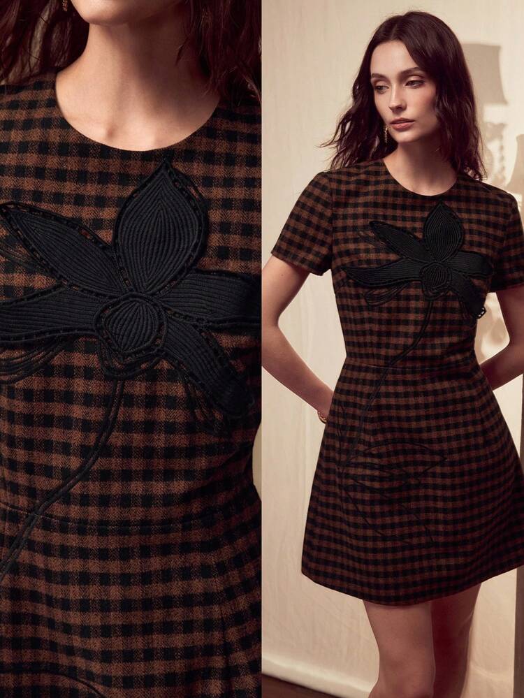 HOUNDSTOOTH FLORAL EMBROIDERED MINI DRESS