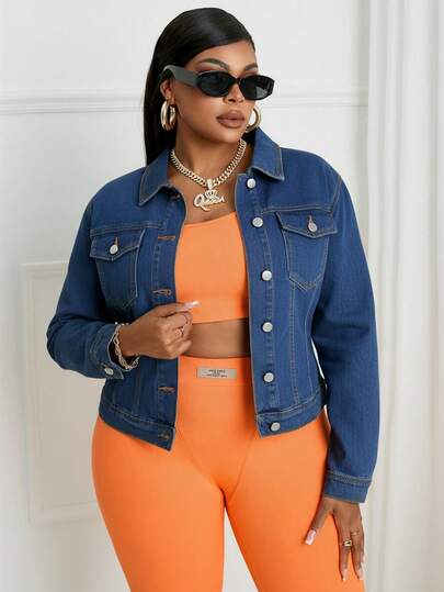 SHEIN SXY Plus Size Women's Long Sleeve Single-Breasted Casual Denim Jacket