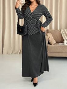 Vionelle Plus Size Floral & Striped Top With Solid Color Knit Skirt 2 Piece Set, Casual Soft Fabric, Minimalist Design, Elegant Classic Dress Modest Wrap Dress Women Knit Maxi Dress Long Casual Dress Long Sleeve Elegant Dress Maternity Dress Casual New Arrivals Women Dress Dresses For Women Long Sleeve - Multicolor - View 7