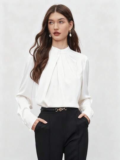 BizChic Women's Autumn/Winter Pleated Collar Design Pullover Blouse, Versatile For Commuting, Business Casual, Office, Teaching, Elegant For Christmas, New Year Party, Wedding Guest, Basic Top,Elegant Blouses For Women