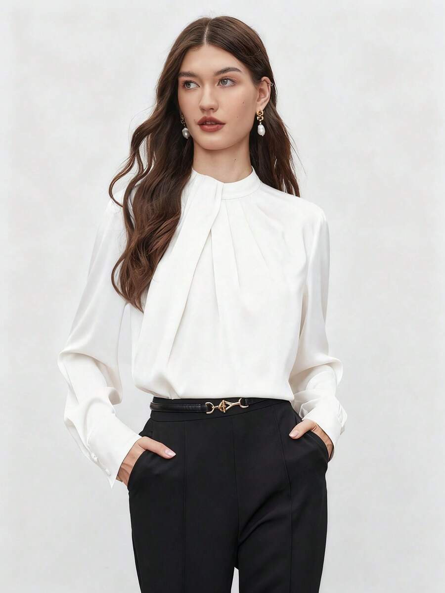 BizChic 女士秋冬褶裥领套头衫，百搭实用，适合通勤、商务休闲、办公、教学等场合，也适合圣诞节、新年派对、婚礼宾客等优雅场合，是基础款上衣的理想之选。