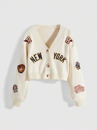 Street Life Damen Vintage College Abzeichen bestickte V-Ausschnitt Strickjacke